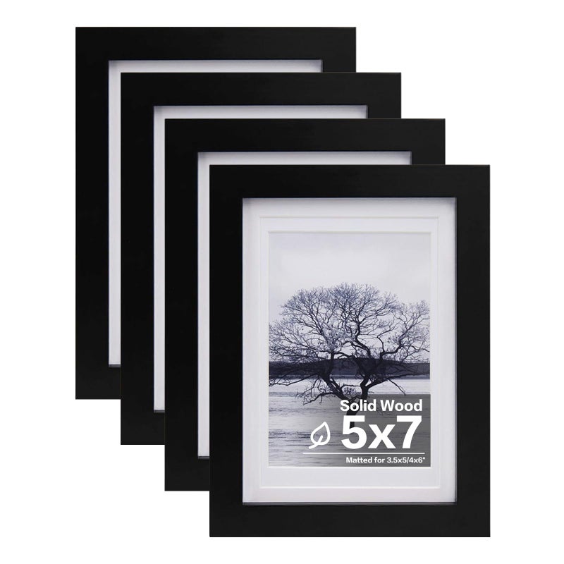 Egofine 5x7 Picture Frames Set of 4, Made of Solid Wood Covered by Plexiglass 3.5x5 and 4x6 with Mat or 5x7 without Mat, for Table Top Display and Wall Mounting Photo Frame Black - Image 1
